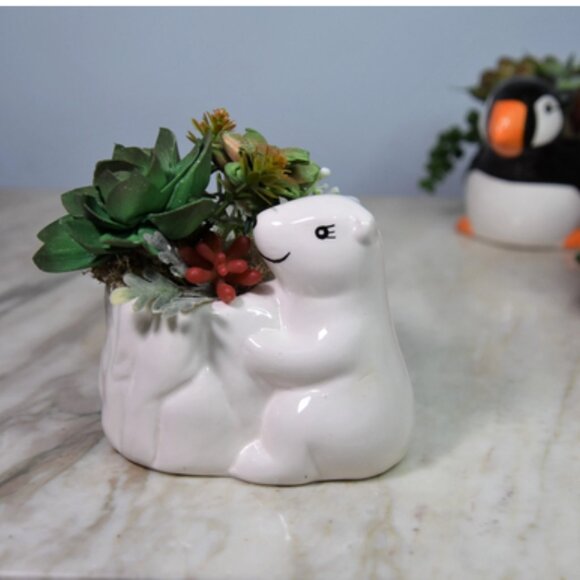 Small ceramic polar bear planter  w/Sola festive hand-painted Sola succulents - Picture 7 of 8